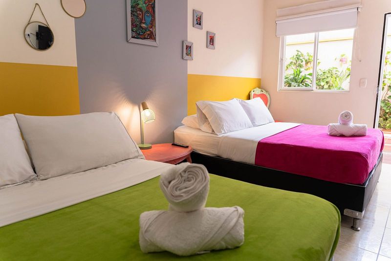 Habitación Borbon: dos camas con cobijas verde y fucsia, franja amarilla en la pared y ventana con matas.